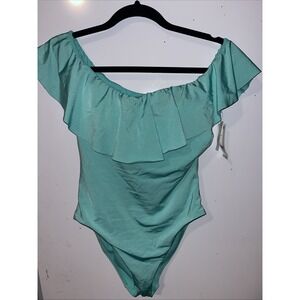 Trina Turk Monaco Off the Shoulder One Piece Swimsuit Turquoise NWT Size 10
